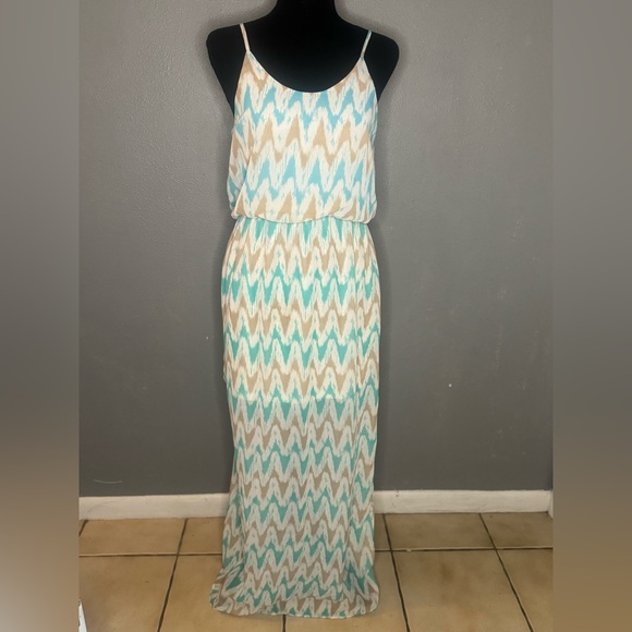 CHARMING CHARLIE Teal Chevron Maxi Dress Women’s Size Small - Picture 1 of 6